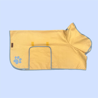 Pouty Paws yellow microfiber dog drying robe laid flat showing hood and adjustable belly strap