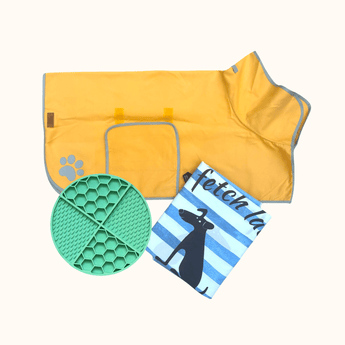 Pouty Paws dog drying bundle with yellow robe, green silicone lick mat and blue striped dog towel