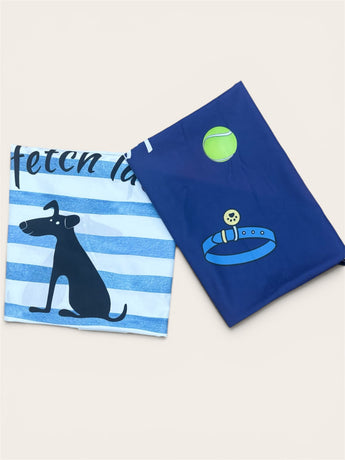 Pouty Paws blue striped dog towel beside a navy dog towel with tennis ball and collar print