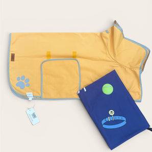 Yellow Pouty Paws dog drying robe with blue trim and matching blue zippered carrying bag