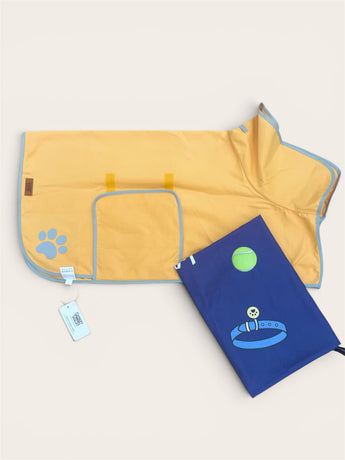 Yellow Pouty Paws dog drying robe with blue trim and matching blue zippered carrying bag