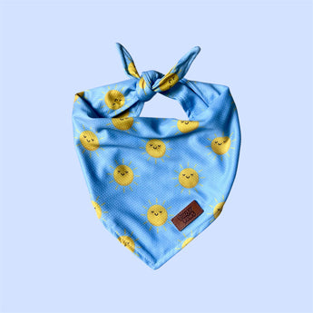 Pouty Paws cooling bandana with yellow smiley face patterns on a light blue background