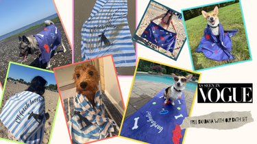 Collage of dogs and people using Pouty Paws striped and navy dog beach towels by the shore, pool and grass